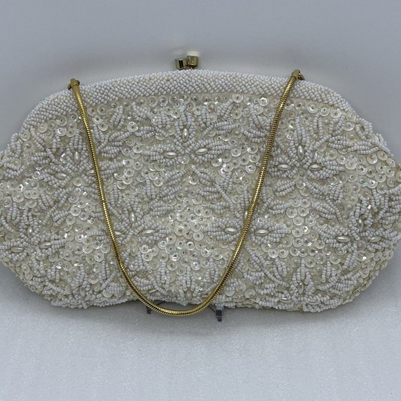 Vintage Beaded Purse Kiss Lock Bags by Debbie Cream White Shimmer Gold 9.5x5.5” - Picture 5 of 16